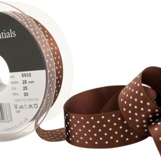 Berisfords Brown 25 Micro Dots Satin Ribbon 25mm Full 20 Metre Roll