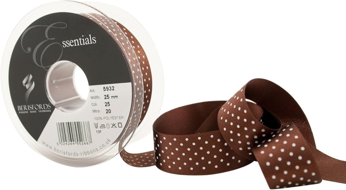 Berisfords Brown 25 Micro Dots Satin Ribbon 25mm Full 20 Metre Roll