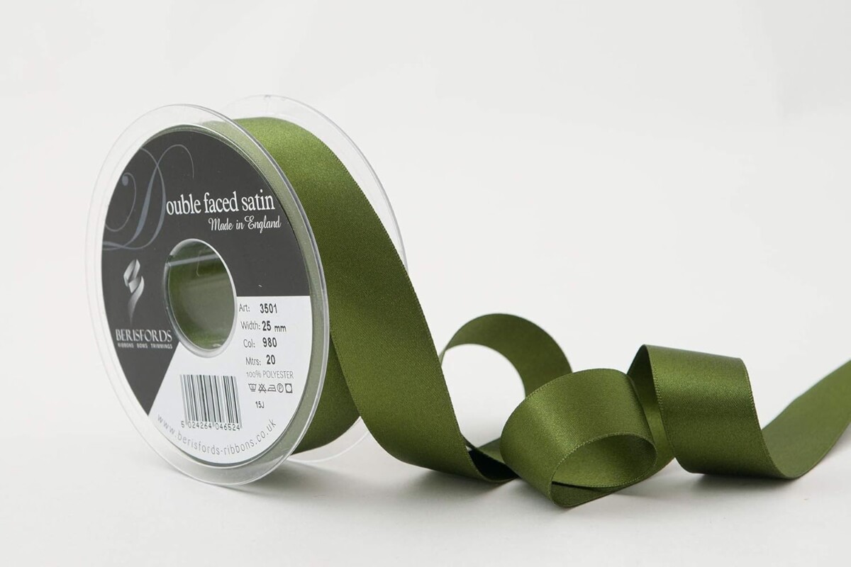 Berisfords Cypress Green 980 Double Sided Satin Ribbon 25mm Full 20 Metre Roll
