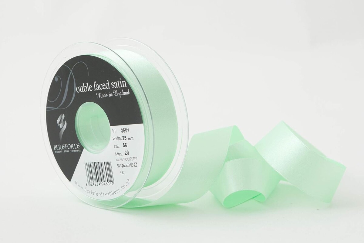 Berisfords Mint Green 56 Double Sided Satin Ribbon 25mm Full 20 Metre Roll