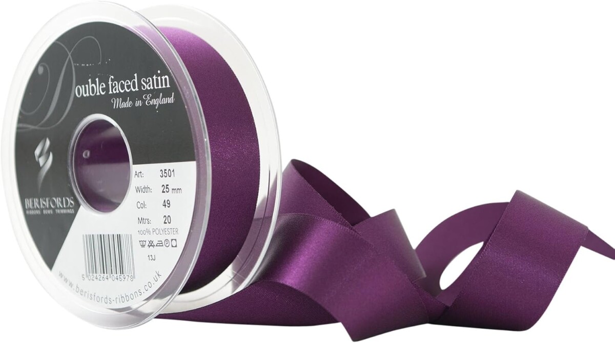 Berisfords Plum 49 Double Sided Satin Ribbon 25mm Full 20 Metre Roll