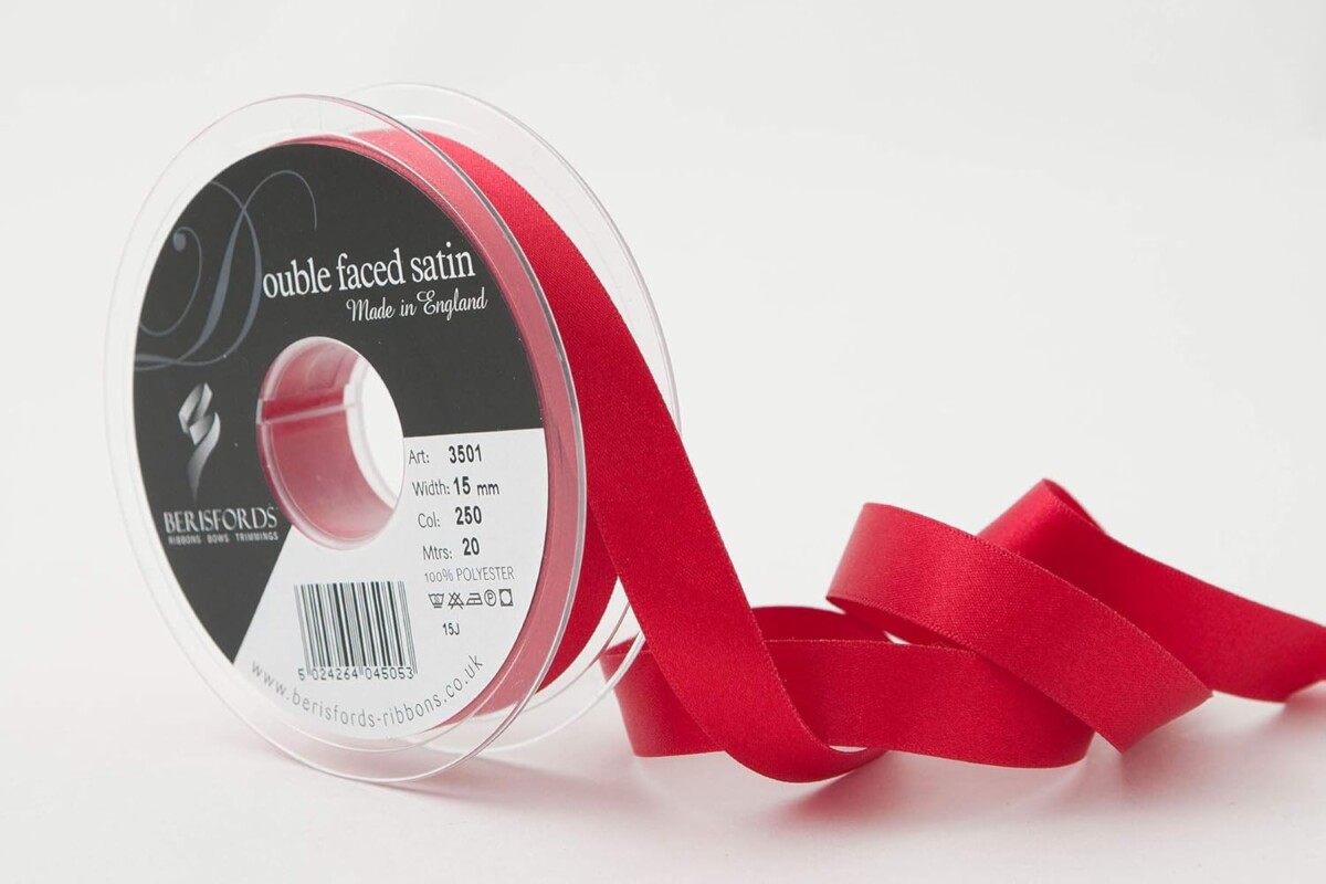 Berisfords Red 250 Double Sided Satin Ribbon 15mm Full 20 Metre Roll