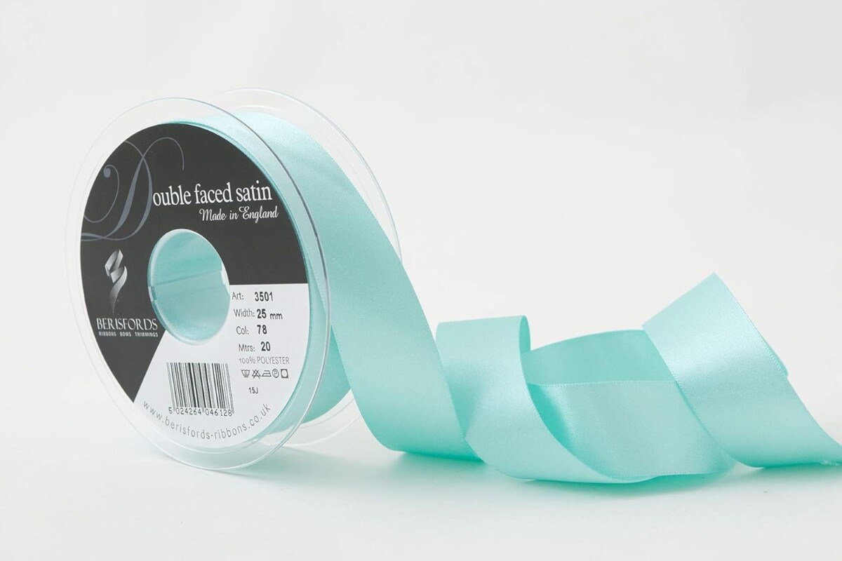 Berisfords Aqua 78 Double Sided Satin Ribbon 25mm Full 20 Metre Roll