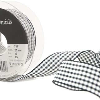 Berisfords Black 10 Gingham Check Ribbon 25mm Full 20 Metre Roll