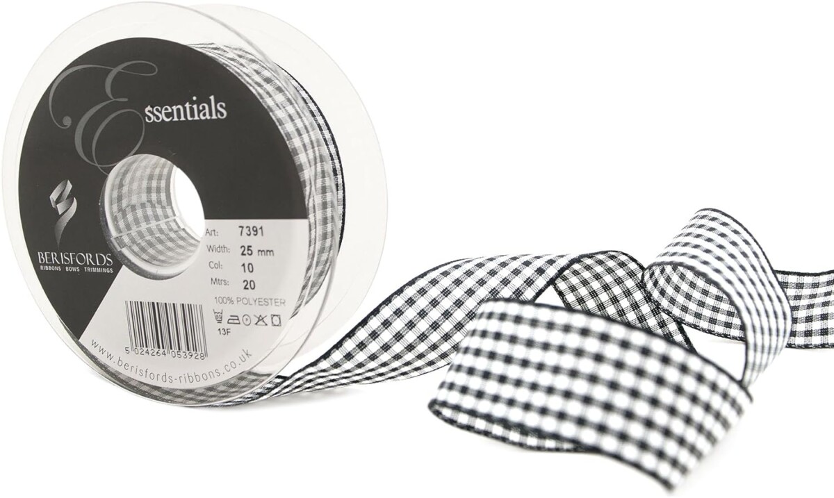 Berisfords Black 10 Gingham Check Ribbon 25mm Full 20 Metre Roll