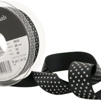 Berisfords Black 10 Micro Dots Satin Ribbon 25mm Full 20 Metre Roll