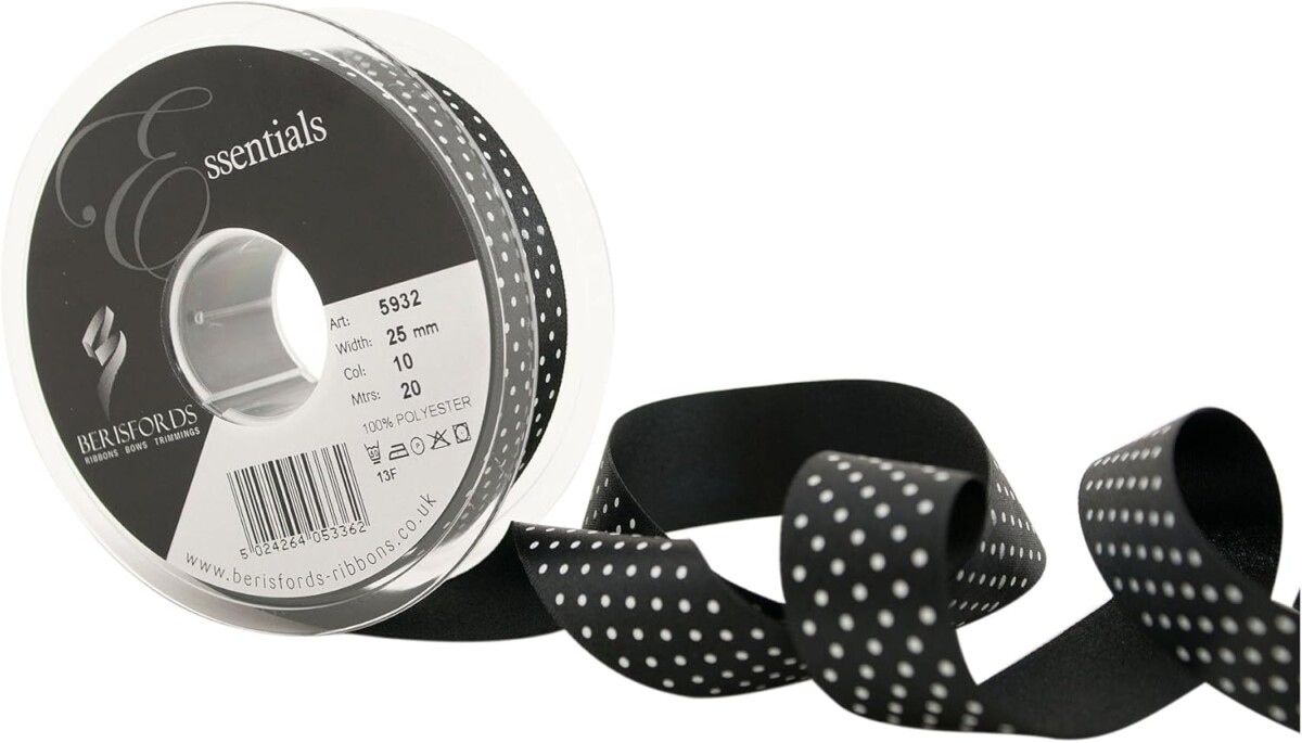 Berisfords Black 10 Micro Dots Satin Ribbon 25mm Full 20 Metre Roll