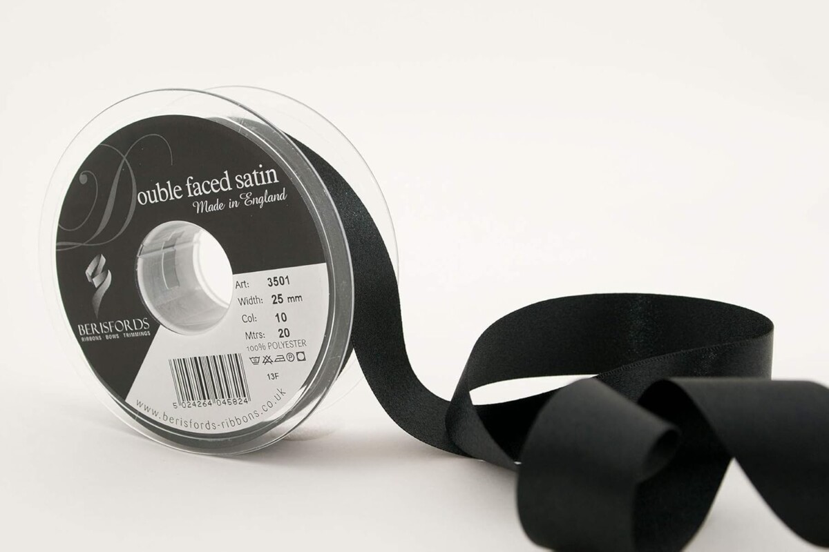 Berisfords Black 10 Double Sided Satin Ribbon 25mm Full 20 Metre Roll