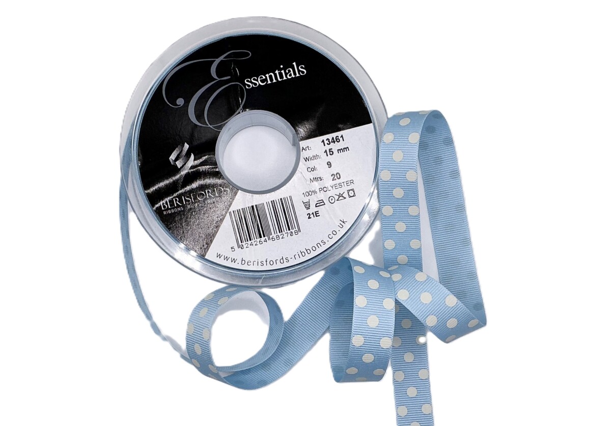 Berisfords 15mm Pale Blue & White Polka Dot Grosgrain Ribbon Full 20 Metre Roll - Image 2