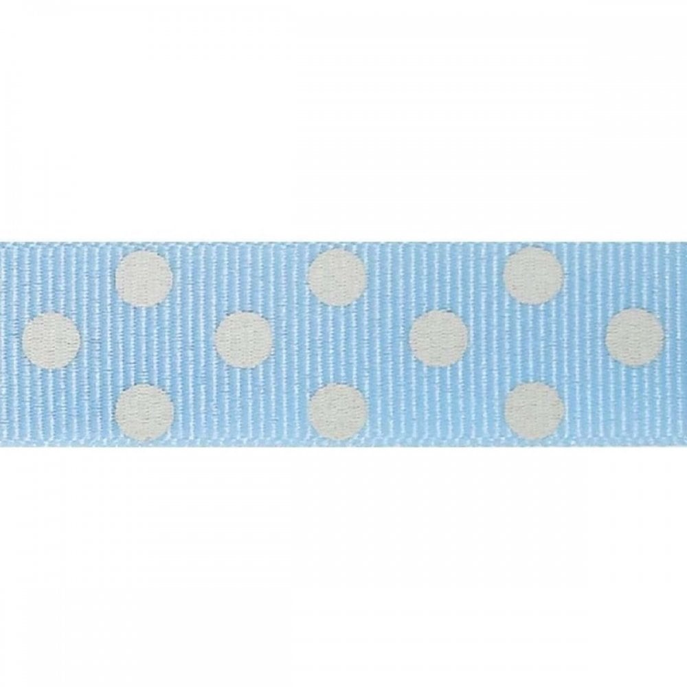 Berisfords 15mm Pale Blue & White Polka Dot Grosgrain Ribbon Full 20 Metre Roll