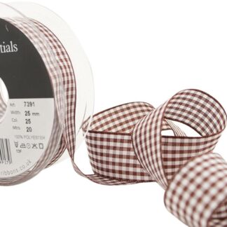 Berisfords Brown 25 Gingham Check Ribbon 25mm Full 20 Metre Roll