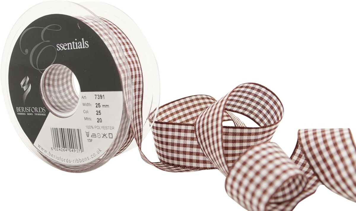 Berisfords Brown 25 Gingham Check Ribbon 25mm Full 20 Metre Roll