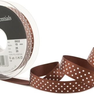 Berisfords Brown 25 Micro Dots Satin Ribbon 15mm Full 20 Metre Roll