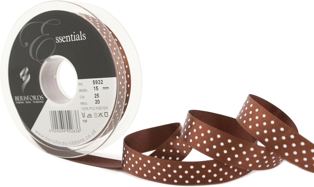 Berisfords Brown 25 Micro Dots Satin Ribbon 15mm Full 20 Metre Roll