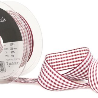 Berisfords Burgundy 405 Gingham Check Ribbon 25mm Full 20 Metre Roll