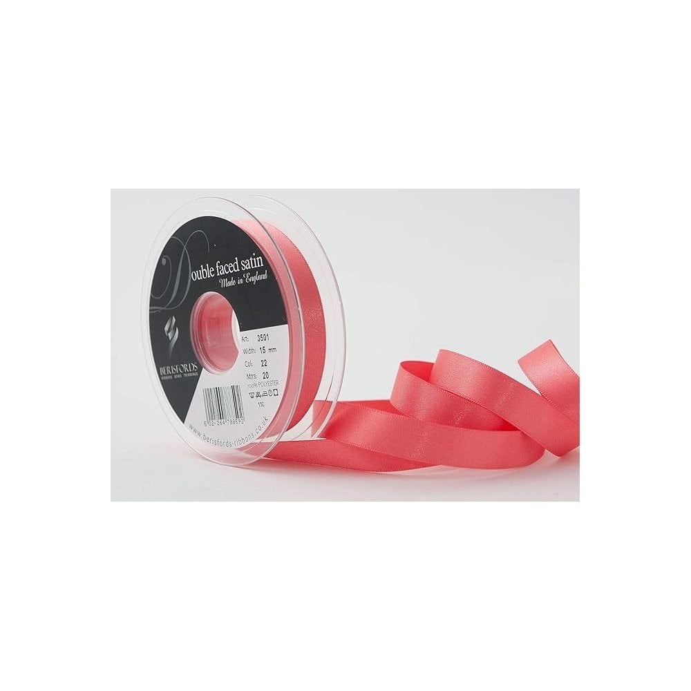Berisfords Coral 22 Double Sided Satin Ribbon 25mm Full 20 Metre Roll - Image 2