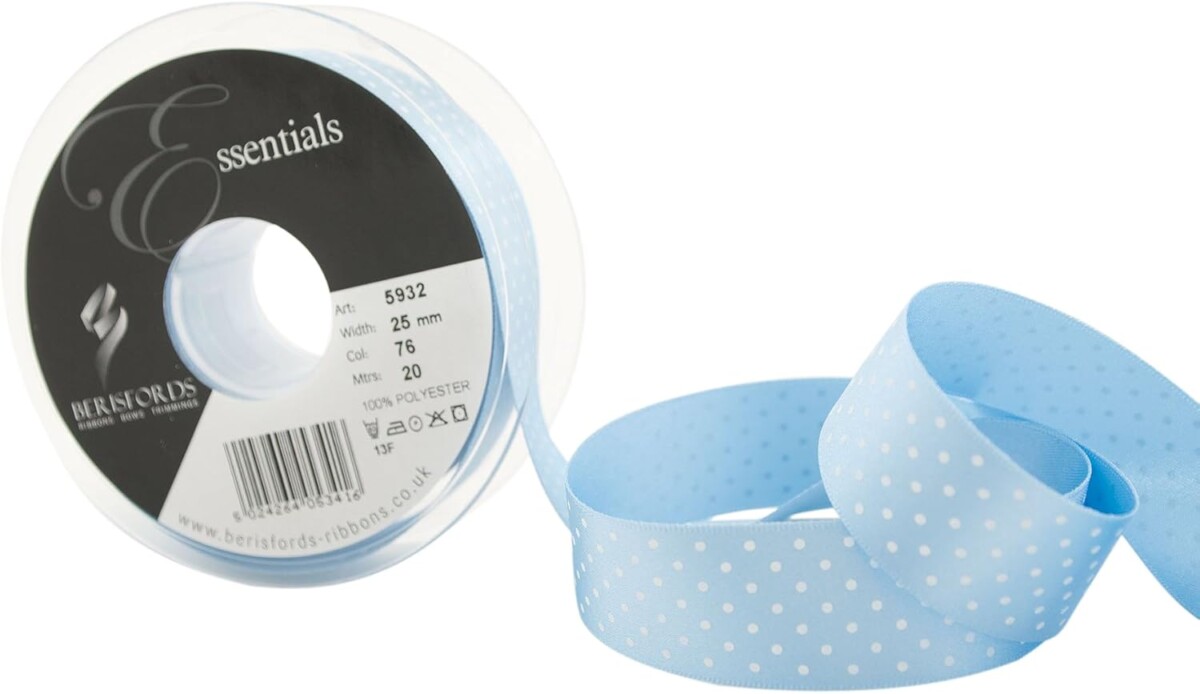 Berisfords Cornflower Blue 76 Micro Dots Satin Ribbon 25mm Full 20 Metre Roll