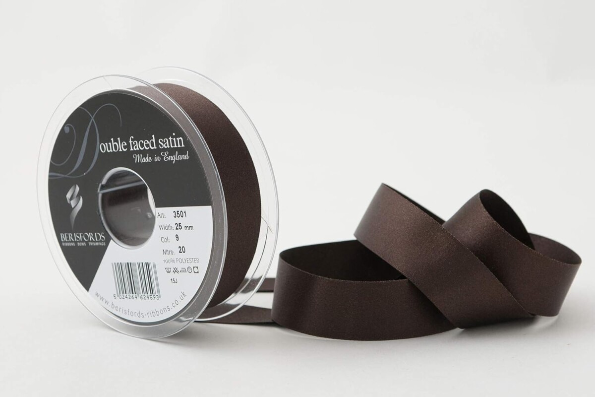 Berisfords Cuban Brown 9 Double Sided Satin Ribbon 25mm Full 20 Metre Roll