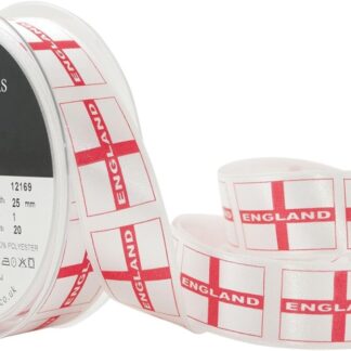 Berisfords England Flag Decorated Single Sided Satin Ribbon 25mm Full 20 Metre Roll