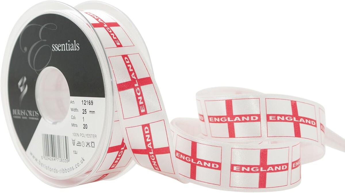 Berisfords England Flag Decorated Single Sided Satin Ribbon 25mm Full 20 Metre Roll