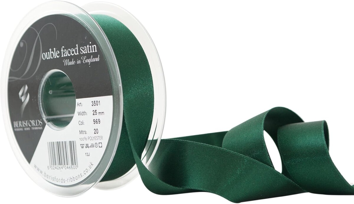 Berisfords Forest Green 969 Double Sided Satin Ribbon 15mm Full 20 Metre Roll