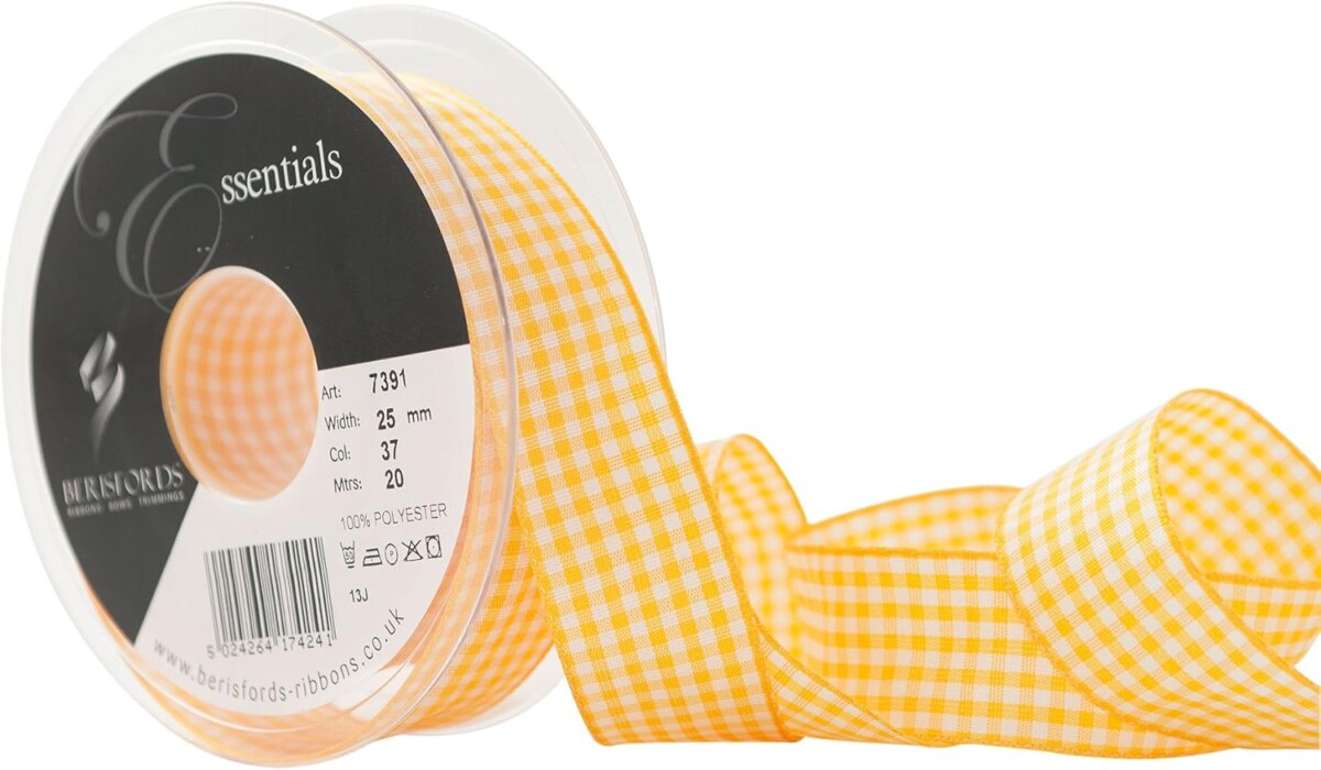 Berisfords Gold 37 Gingham Check Ribbon 25mm Full 20 Metre Roll