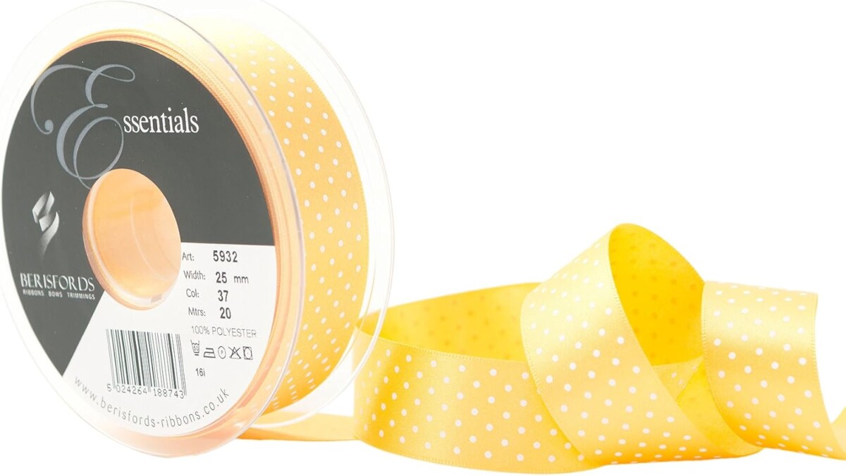 Berisfords Gold 37 Micro Dots Satin Ribbon 25mm Full 20 Metre Roll