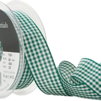 Berisfords Hunter Green 455 Gingham Check Ribbon 25mm Full 20 Metre Roll
