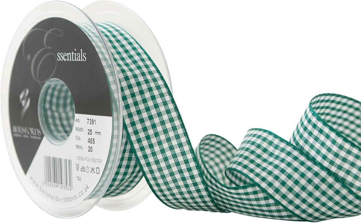 Berisfords Hunter Green 455 Gingham Check Ribbon 25mm Full 20 Metre Roll