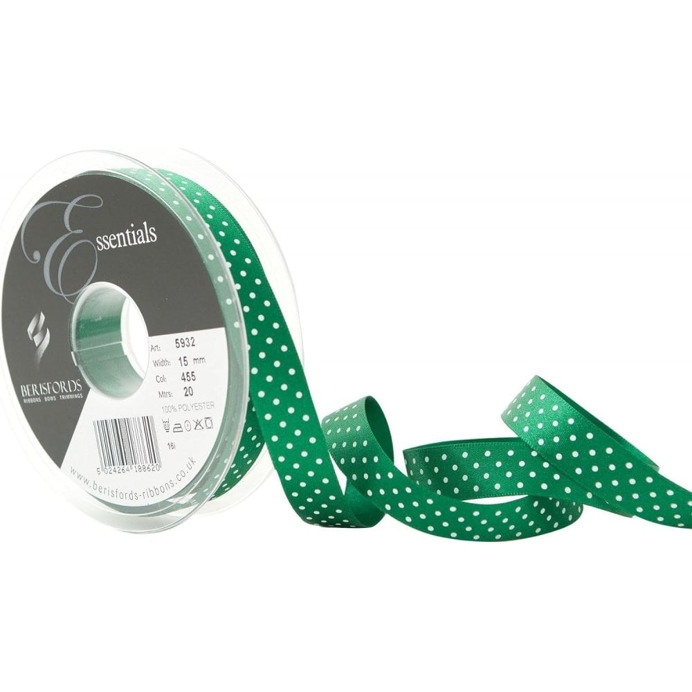 Berisfords Hunter Green 455 Micro Dots Satin Ribbon 15mm Full 20 Metre Roll