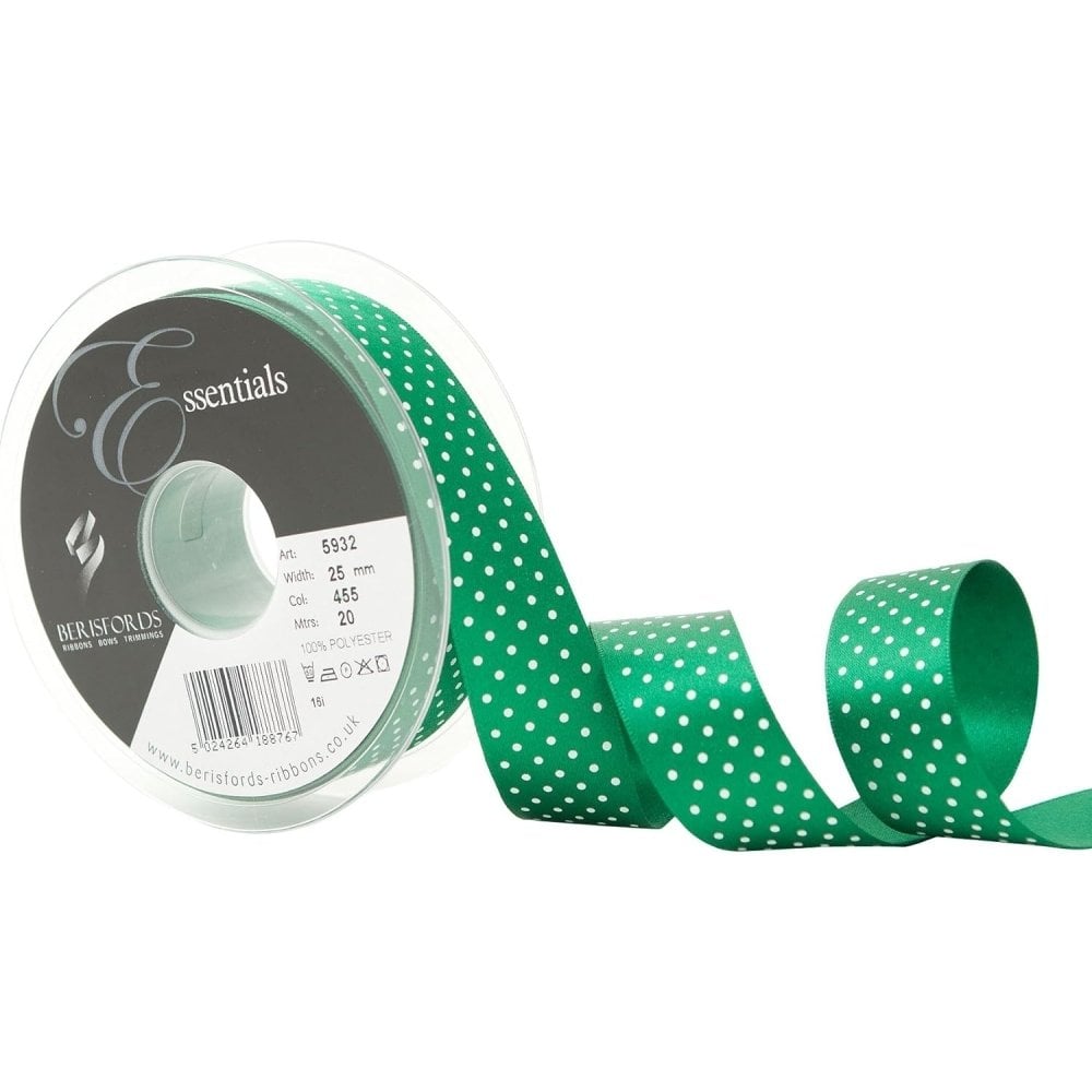 Berisfords Hunter Green 455 Micro Dots Satin Ribbon 25mm Full 20 Metre Roll