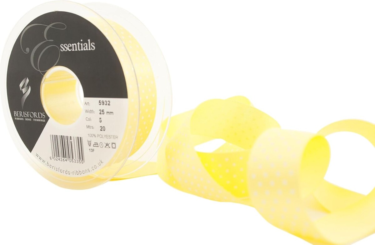 Berisfords Lemon 5 Micro Dots Satin Ribbon 25mm Full 20 Metre Roll