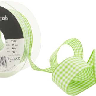 Berisfords Meadow Green 664 Gingham Check Ribbon 25mm Full 20 Metre Roll