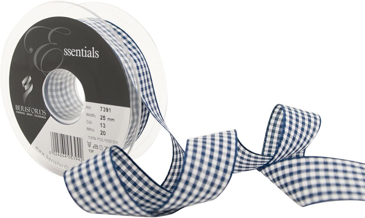 Berisfords Navy Blue 13 Gingham Check Ribbon 15mm Full 20 Metre Roll