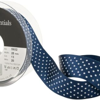 Berisfords Navy Blue 13 Micro Dots Satin Ribbon 25mm Full 20 Metre Roll