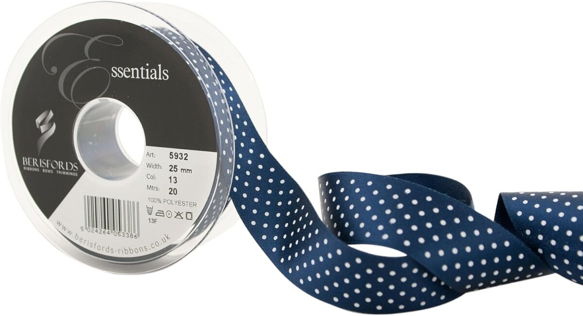 Berisfords Navy Blue 13 Micro Dots Satin Ribbon 25mm Full 20 Metre Roll