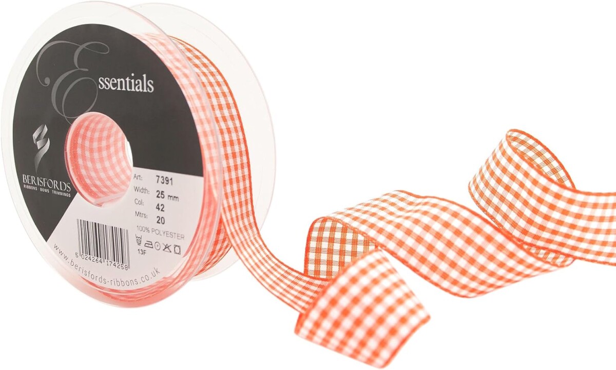 Berisfords Orange Delight 42 Gingham Check Ribbon 25mm Full 20 Metre Roll