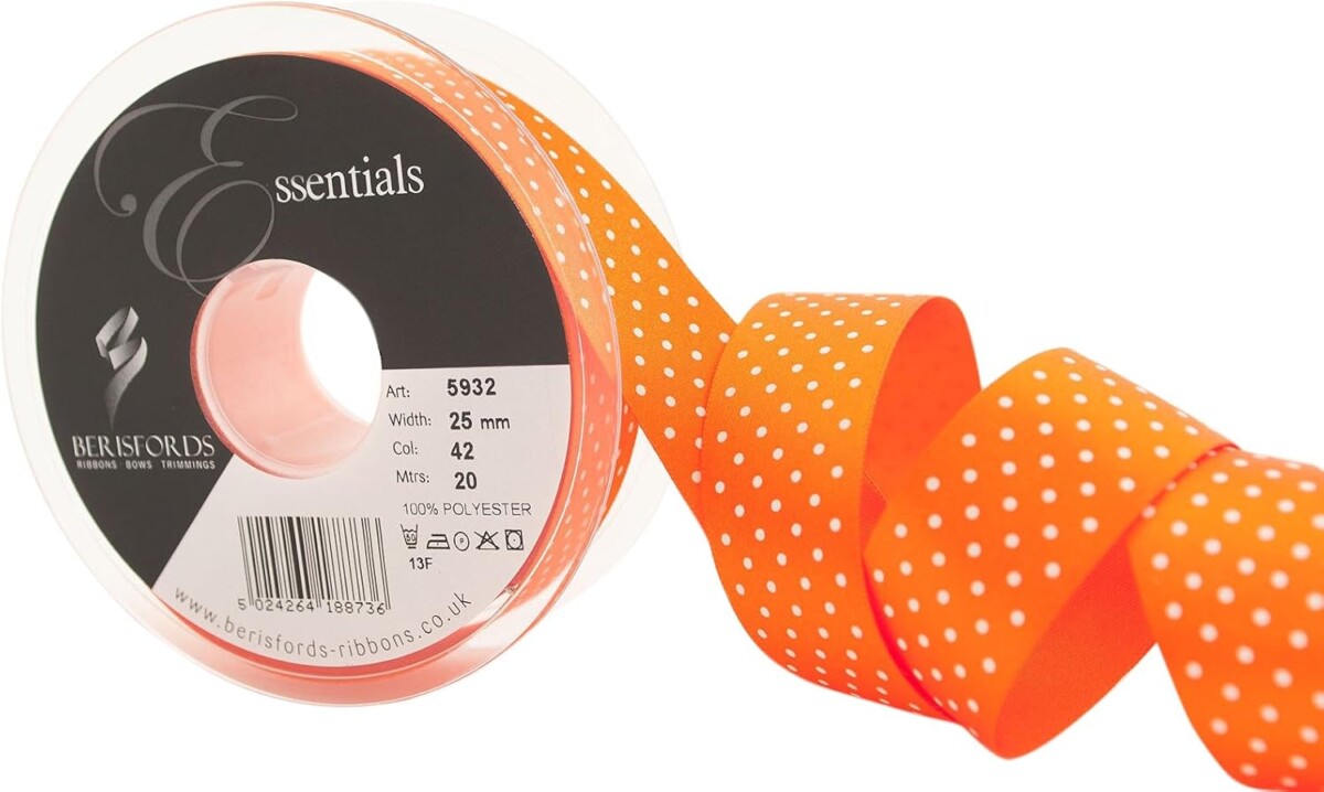 Berisfords Orange Delight 42 Micro Dots Satin Ribbon 25mm Full 20 Metre Roll