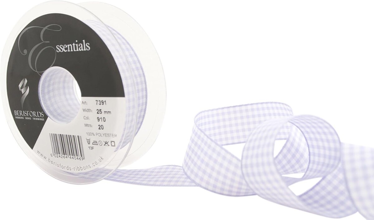 Berisfords Orchid Lilac 910 Gingham Check Ribbon 25mm Full 20 Metre Roll