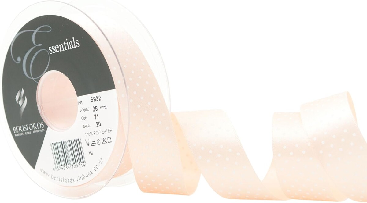 Berisfords Peach 71 Micro Dots Satin Ribbon 25mm Full 20 Metre Roll