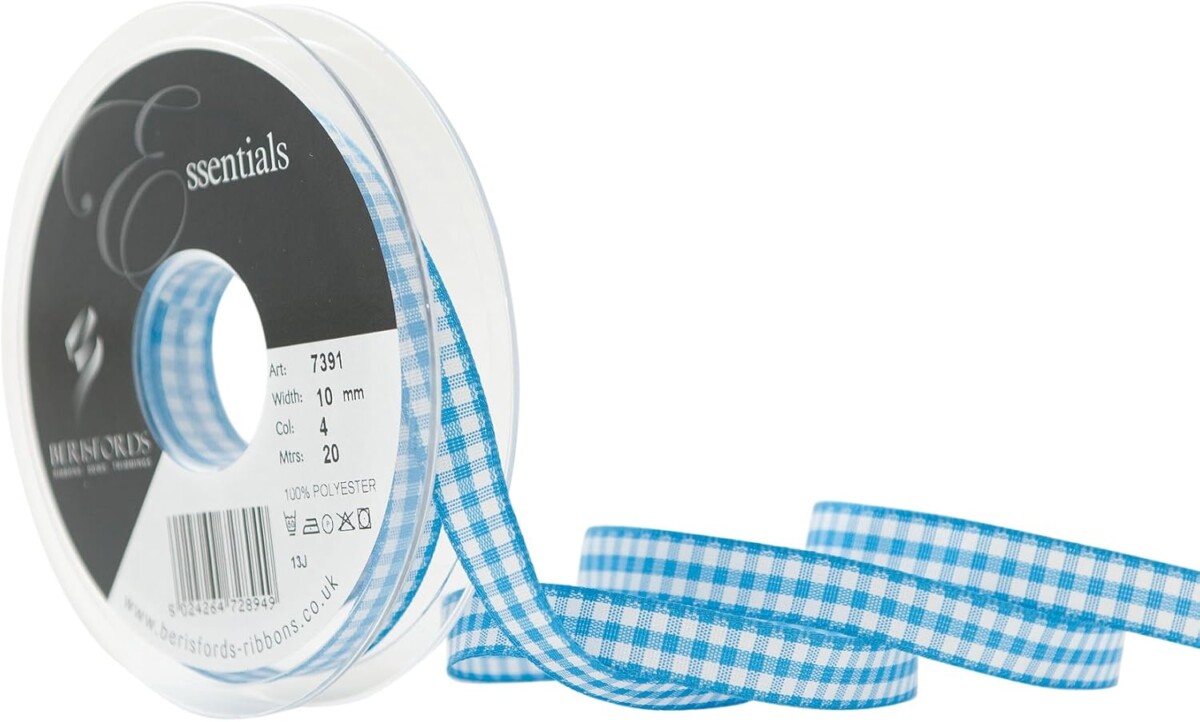Berisfords Peacock Blue 4 Gingham Check Ribbon 10mm Full 20 Metre Roll