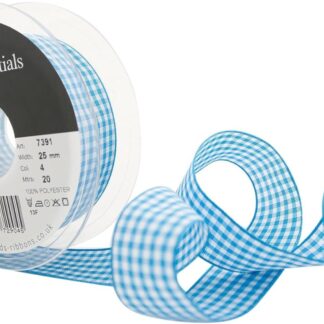 Berisfords Peacock Blue 4 Gingham Check Ribbon 25mm Full 20 Metre Roll