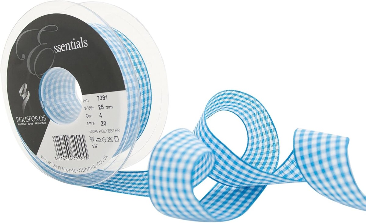 Berisfords Peacock Blue 4 Gingham Check Ribbon 25mm Full 20 Metre Roll