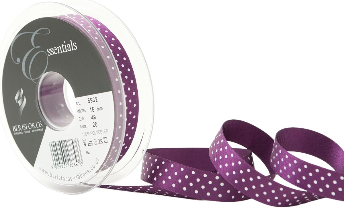 Berisfords Plum 49 Micro Dots Satin Ribbon 15mm Full 20 Metre Roll - Image 2