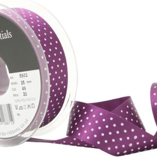Berisfords Plum 49 Micro Dots Satin Ribbon 25mm Full 20 Metre Roll