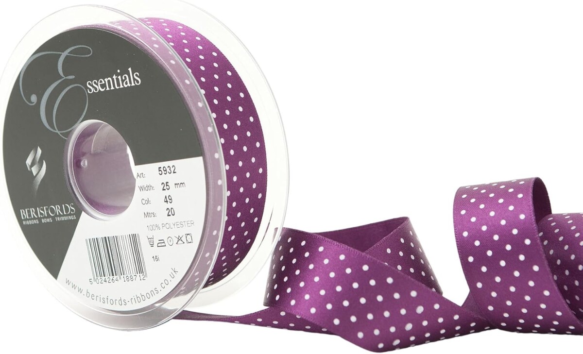Berisfords Plum 49 Micro Dots Satin Ribbon 25mm Full 20 Metre Roll