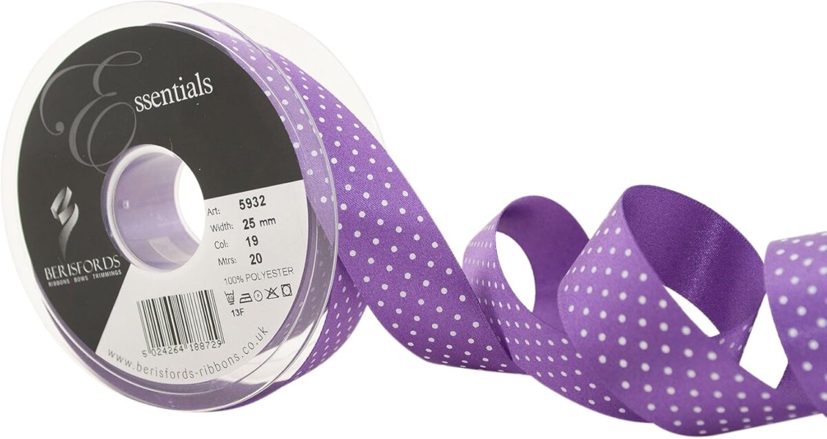 Berisfords Purple 19 Micro Dots Satin Ribbon 15mm Full 20 Metre Roll