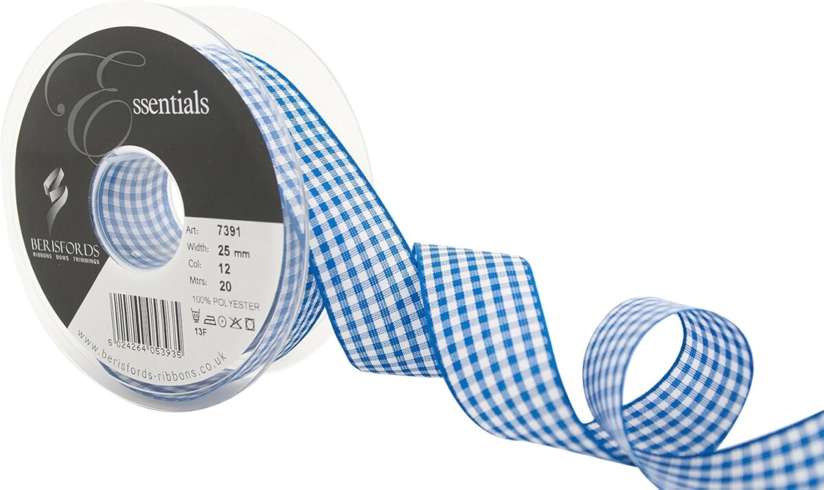 Berisfords Royal Blue 12 Gingham Check Ribbon 25mm Full 20 Metre Roll