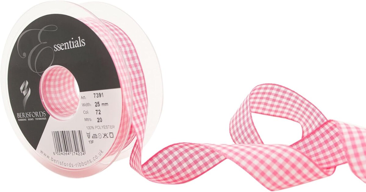 Berisfords Shocking Pink 72 Gingham Check Ribbon 25mm Full 20 Metre Roll