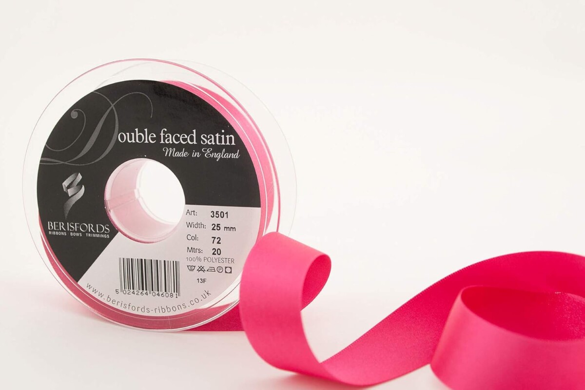 Berisfords Shocking Pink 72 Double Sided Satin Ribbon 25mm Full 20 Metre Roll